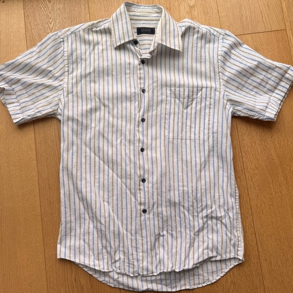 ARROW Striped SHORT SLEEVE BUTTON DOWN SHIRT - Blue - White - Tan - Picture 9 of 12